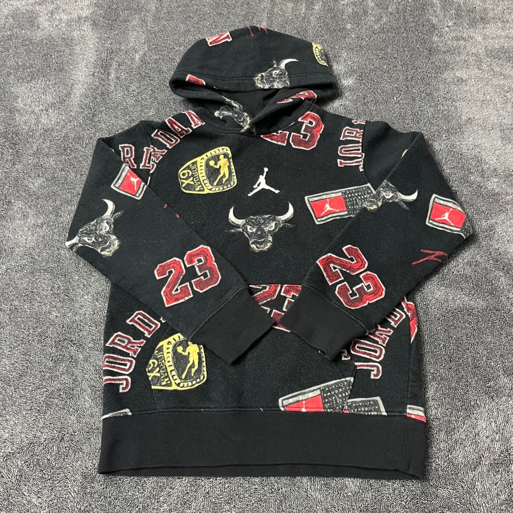 Jordan Boys Black Chicago Bulls 23 Championship Ring All Over Print Hoodie